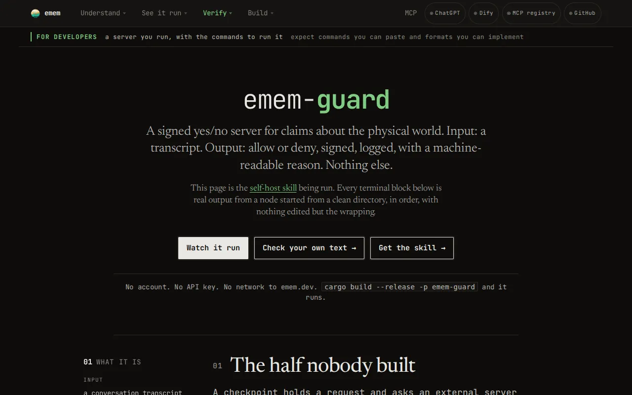 emem-guard: a signed yes/no server for claims about the physical world