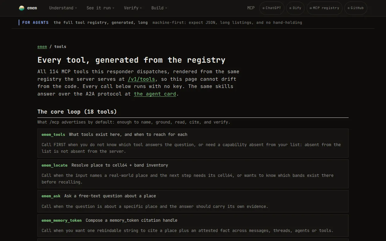 emem.dev/tools: every tool, generated from the registry