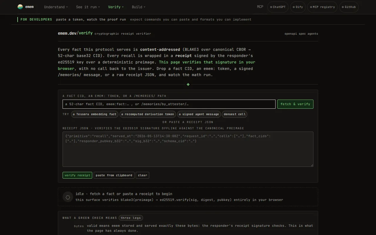 emem.dev/verify: a receipt verifier that runs in the browser