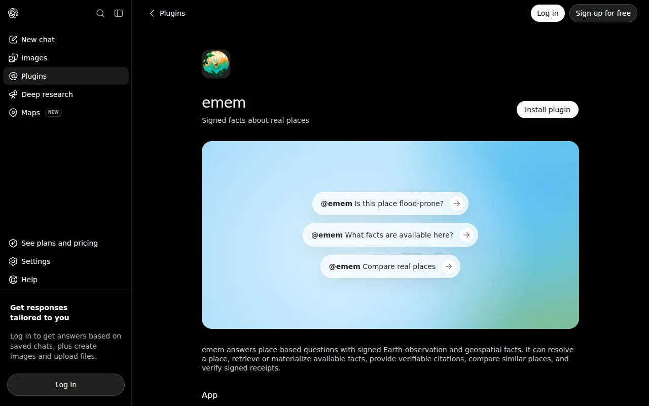 emem's app page in ChatGPT