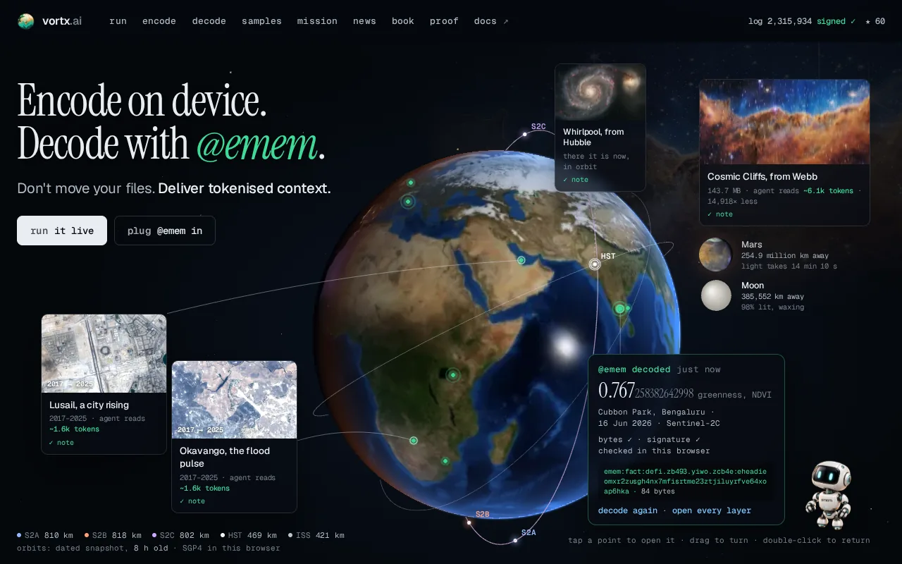The vortx.ai home page: the Earth with pinned places and a decoded NDVI reading