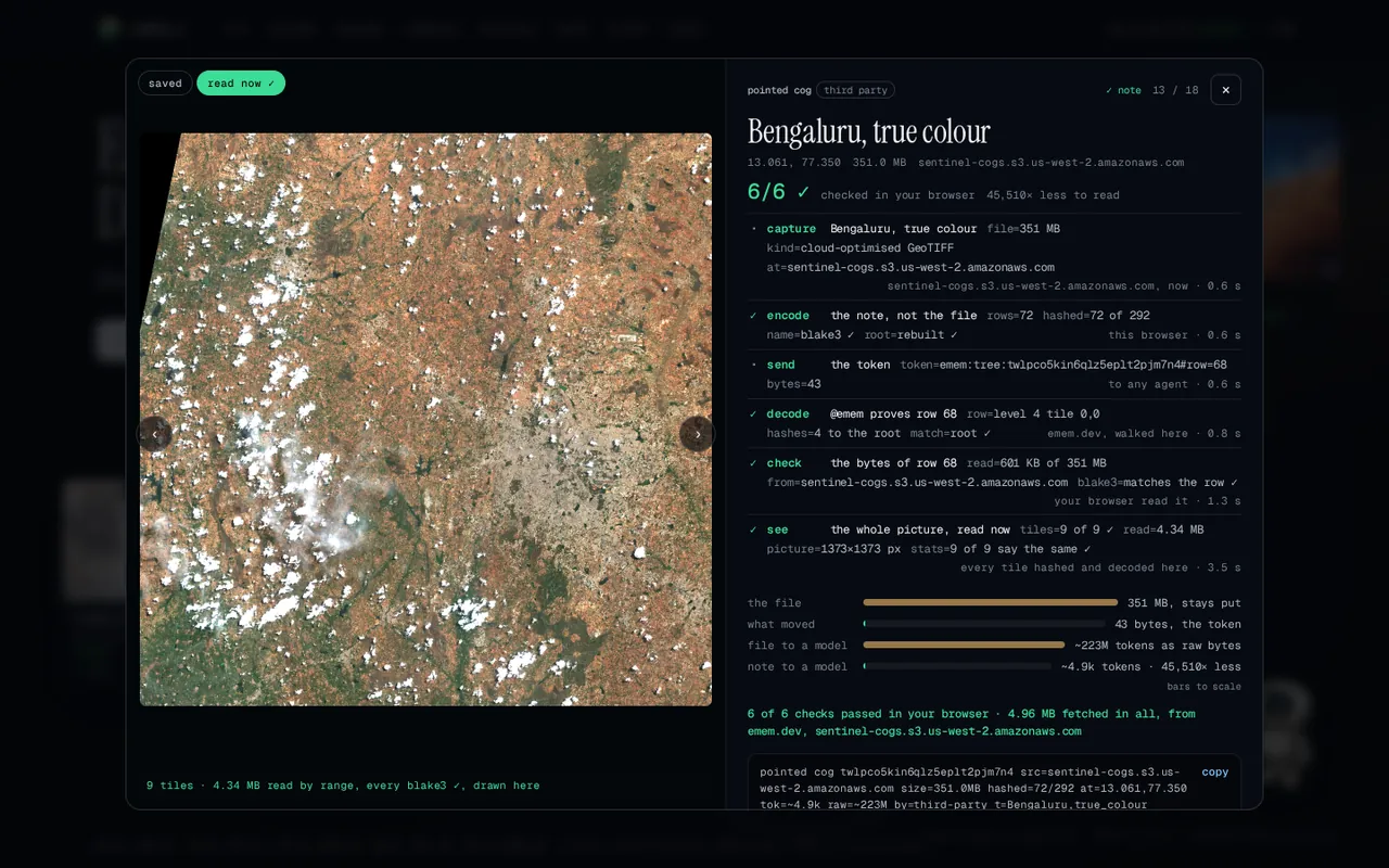 vortx.ai: a Sentinel-2 scene, every tile hashed